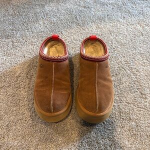 UGG Kids Tan Suede Slippers with Red Trim
